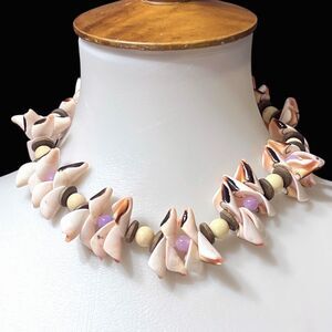 Vintage Les Bernard Statement Necklace Chunky Shell Beaded Collar Coastal Beach